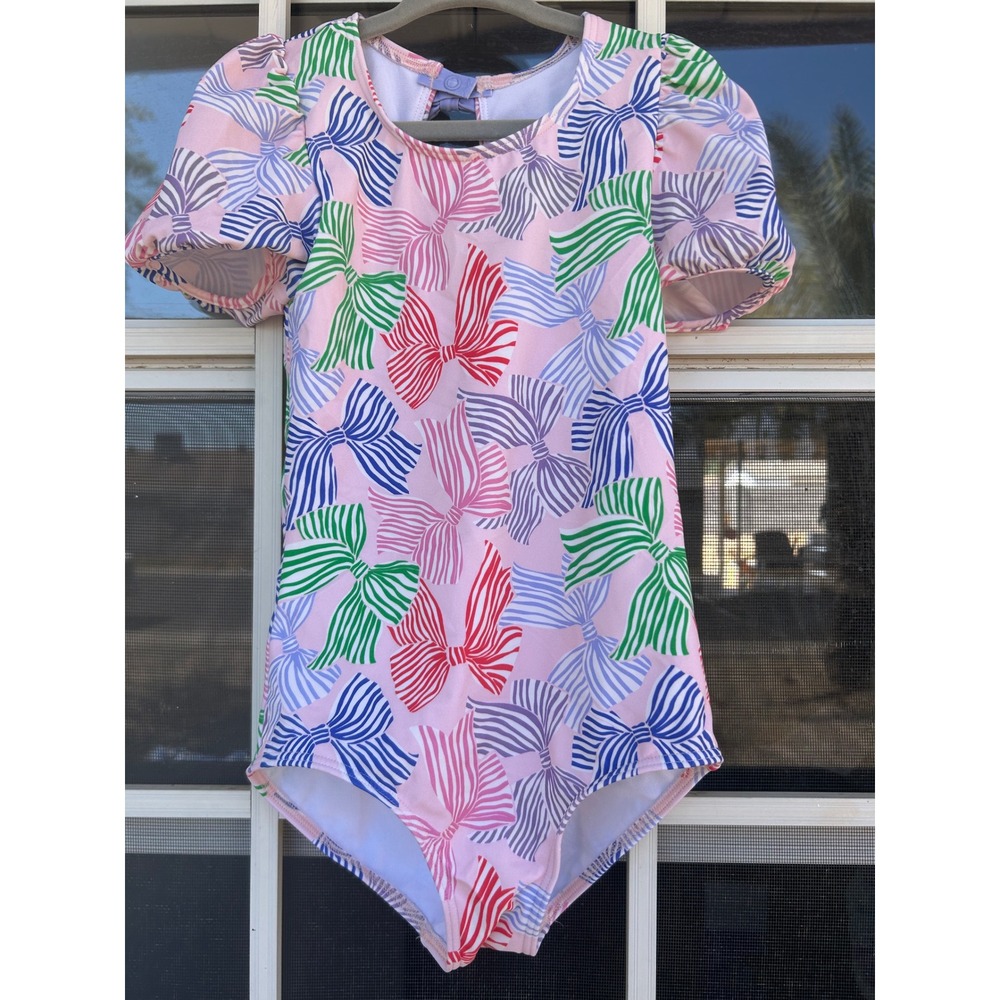 Mini Boden Girls Pink Bow Print Open Back One Piece Swimsuit 6-7Y HTF